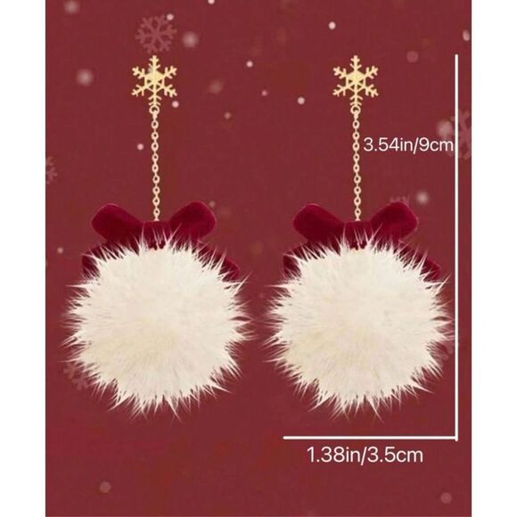 Holiday Christmas Vegan Fur Tassel Drop Snowflake Red Velvet Bow Earrings - Picture 6 of 7